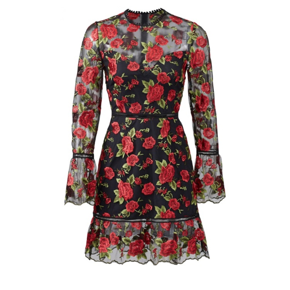 Saylor black w red appliqué dress, size xs